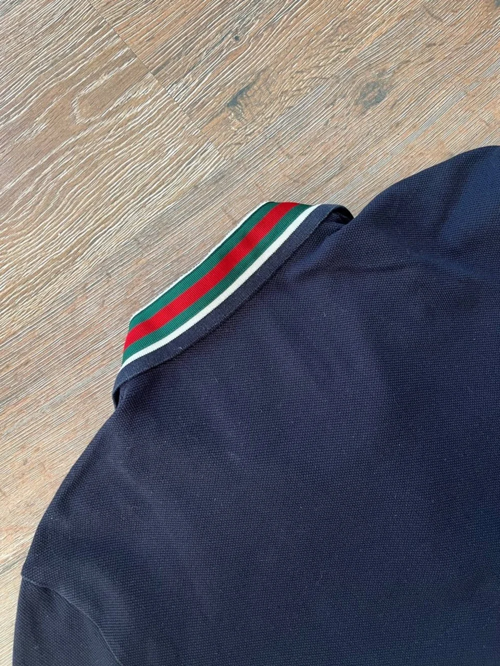 Gucci Navy Polo with Web and Tiger Collar Patches